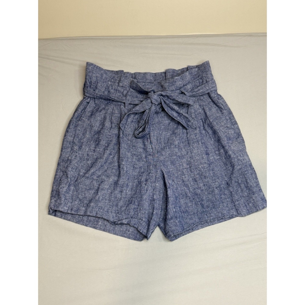 Boden St Ives Linen Blend Paper Bag Shorts Blue Size 6 High Waist 6" Inseam Belt